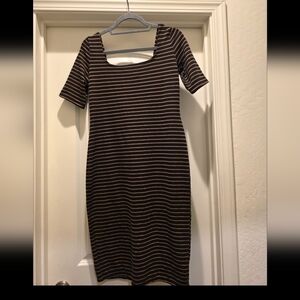 Popular Basics Black and Brown Striped Midi Dress